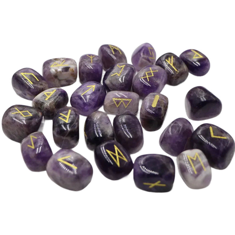 25 Runensteine aus Amethyst mit Beutel