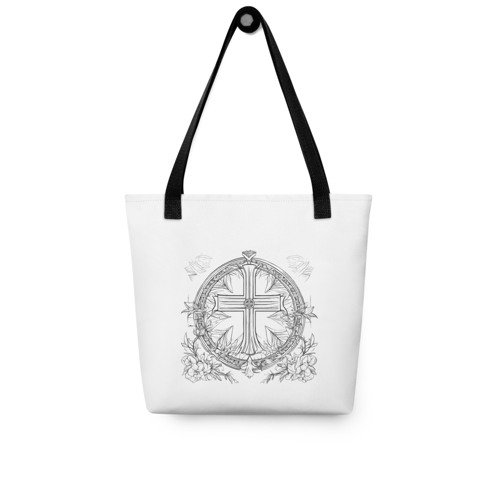 Stofftasche weiß Kreuz & Blumen im Kranz