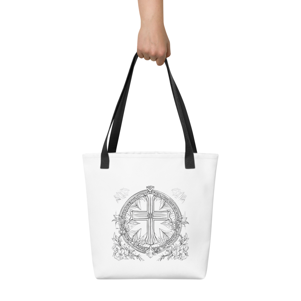 Stofftasche weiß Kreuz & Blumen im Kranz