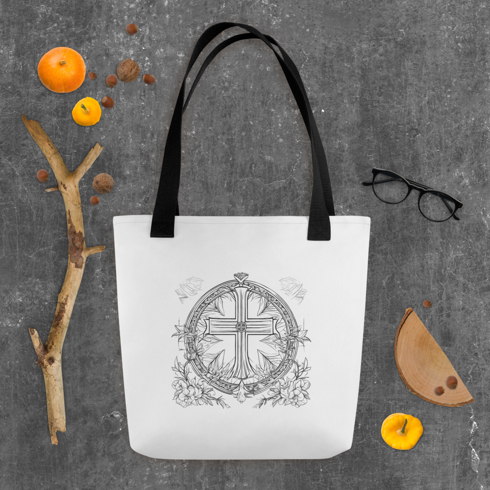 Stofftasche weiß Kreuz & Blumen im Kranz