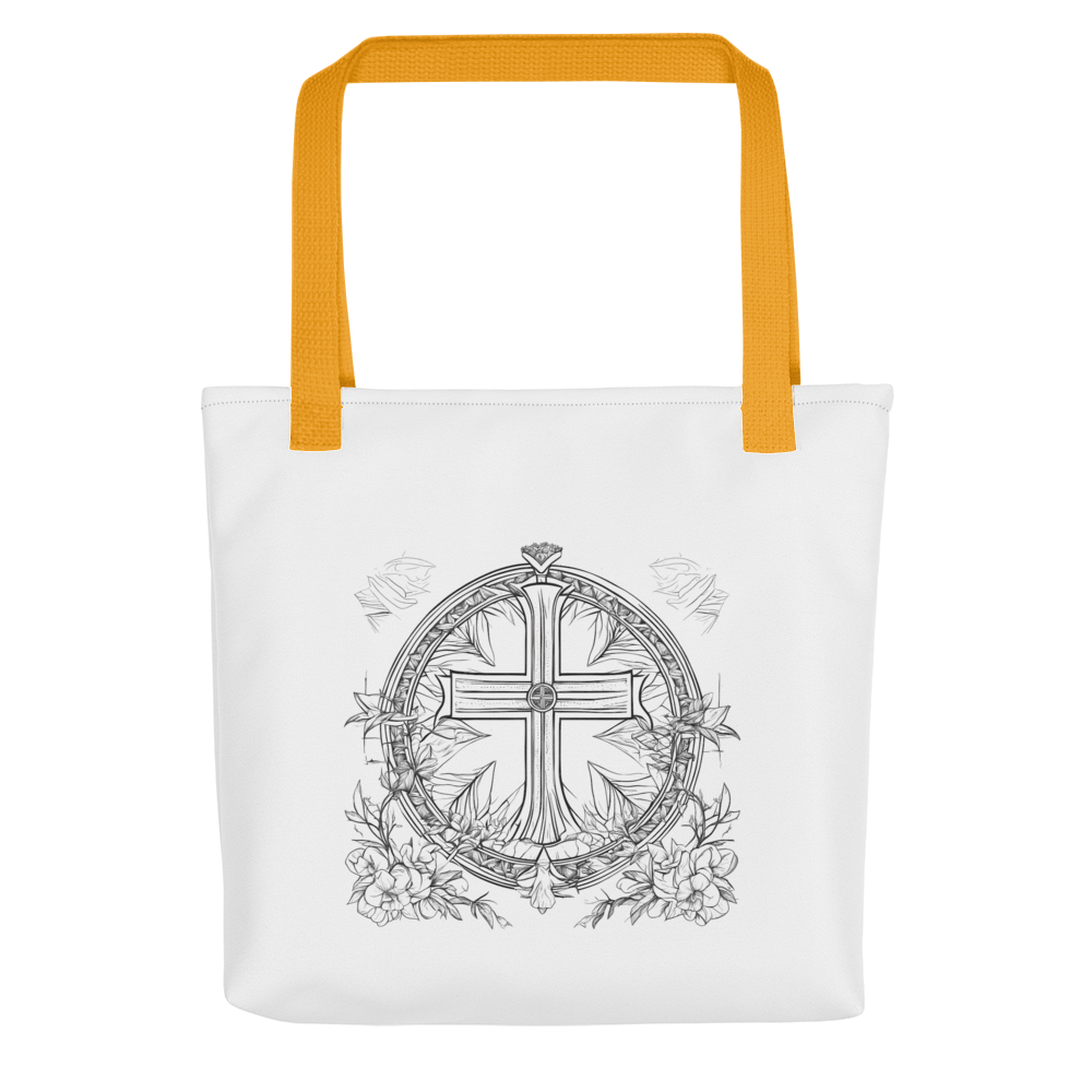 Stofftasche weiß Kreuz & Blumen im Kranz