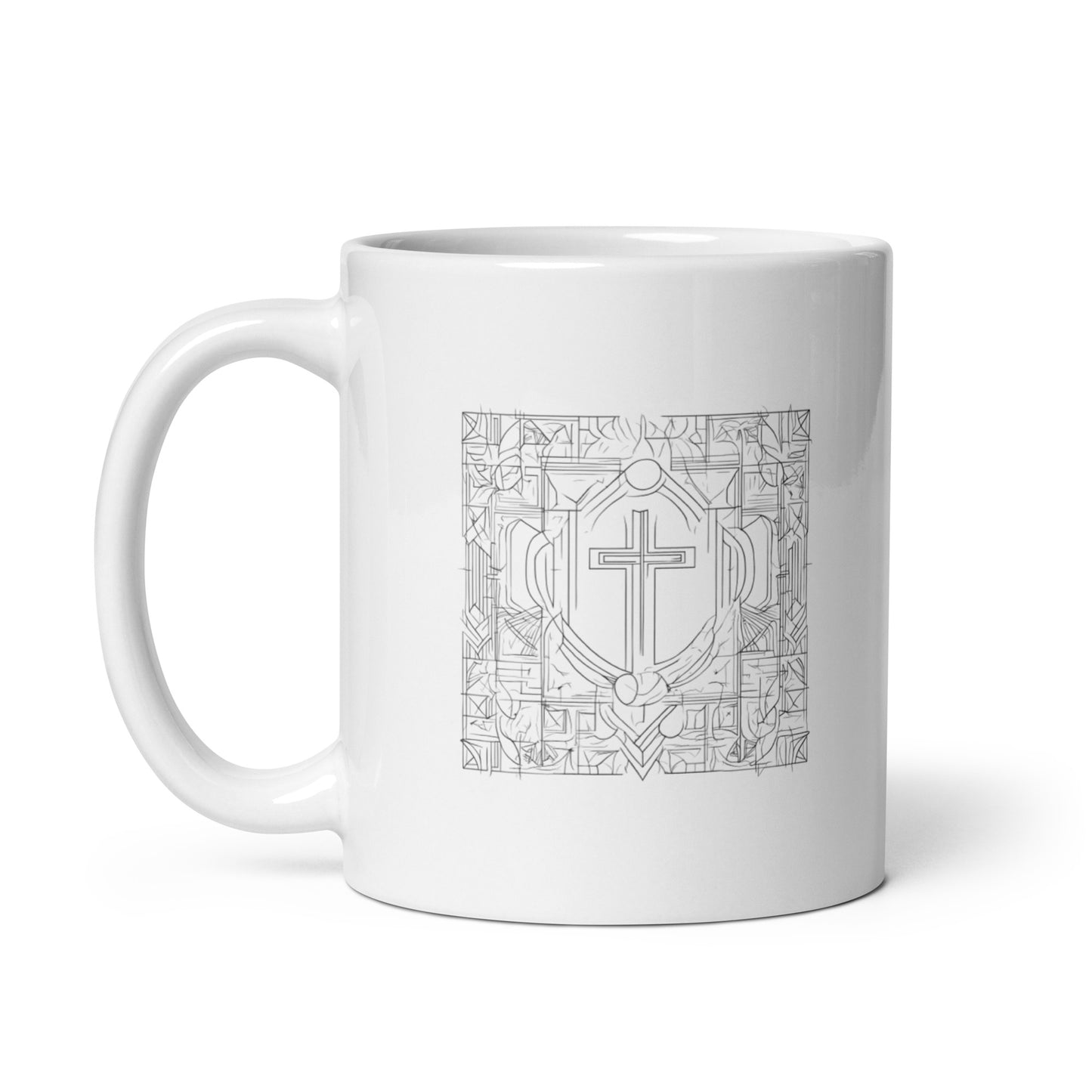 Tasse weiß glänzend Kreuz im Mosaik