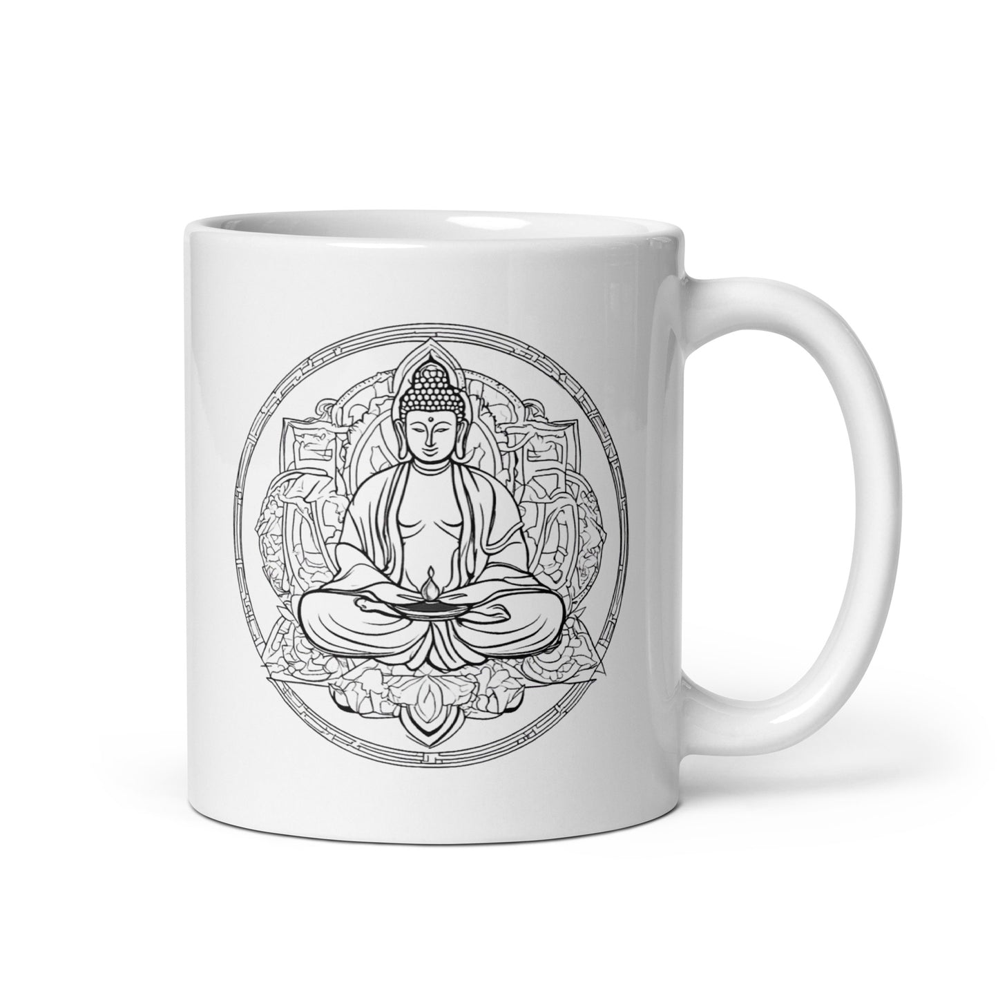 Tasse weiß glänzend Buddha im Kreis