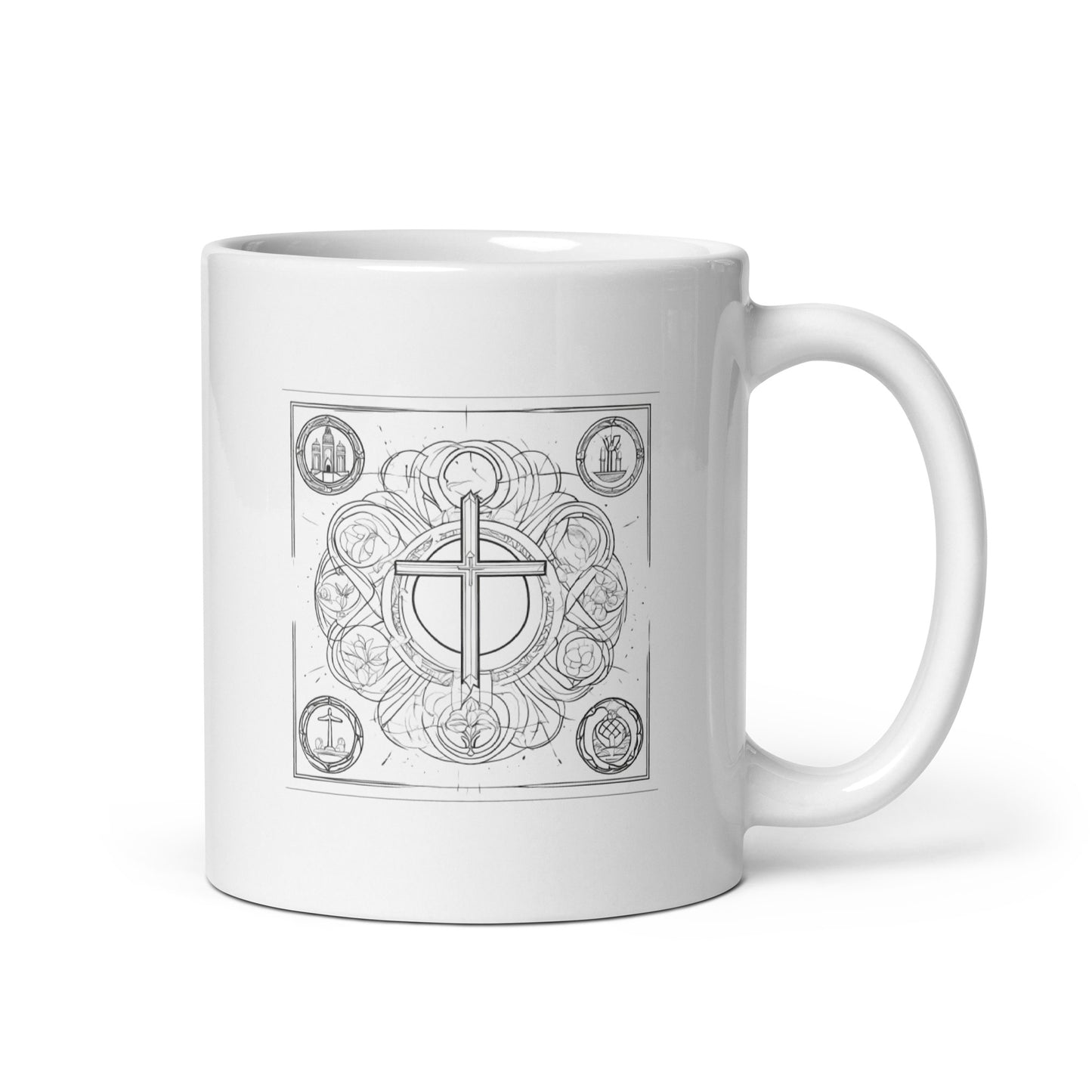 Tasse weiß glänzend Kreuz & Kirche mit Rahmen