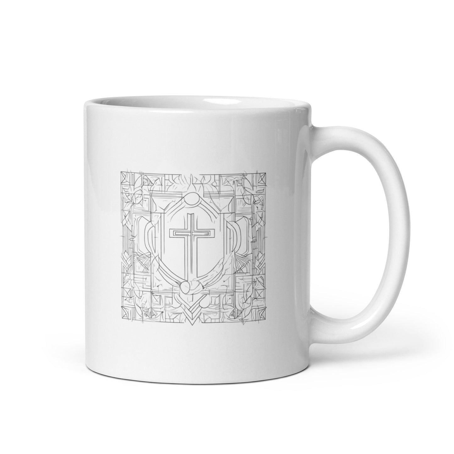 Tasse weiß glänzend Kreuz im Mosaik