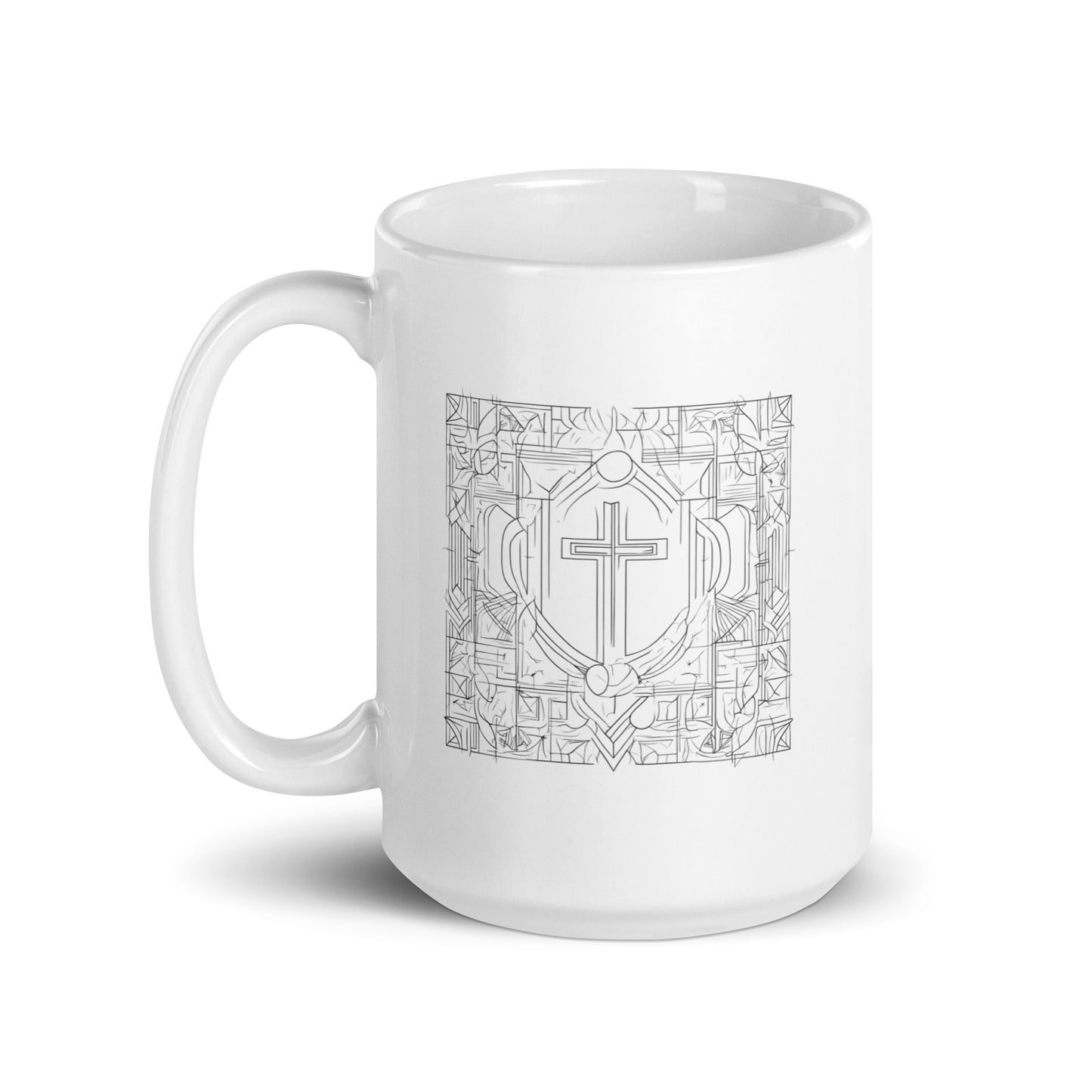 Tasse weiß glänzend Kreuz im Mosaik