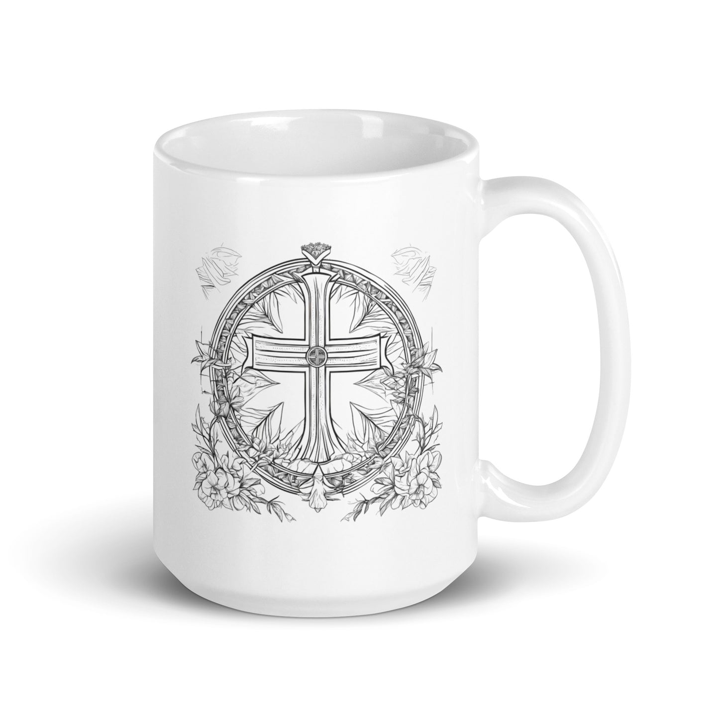 Tasse weiß glänzend Kreuz & Blumen im Kranz