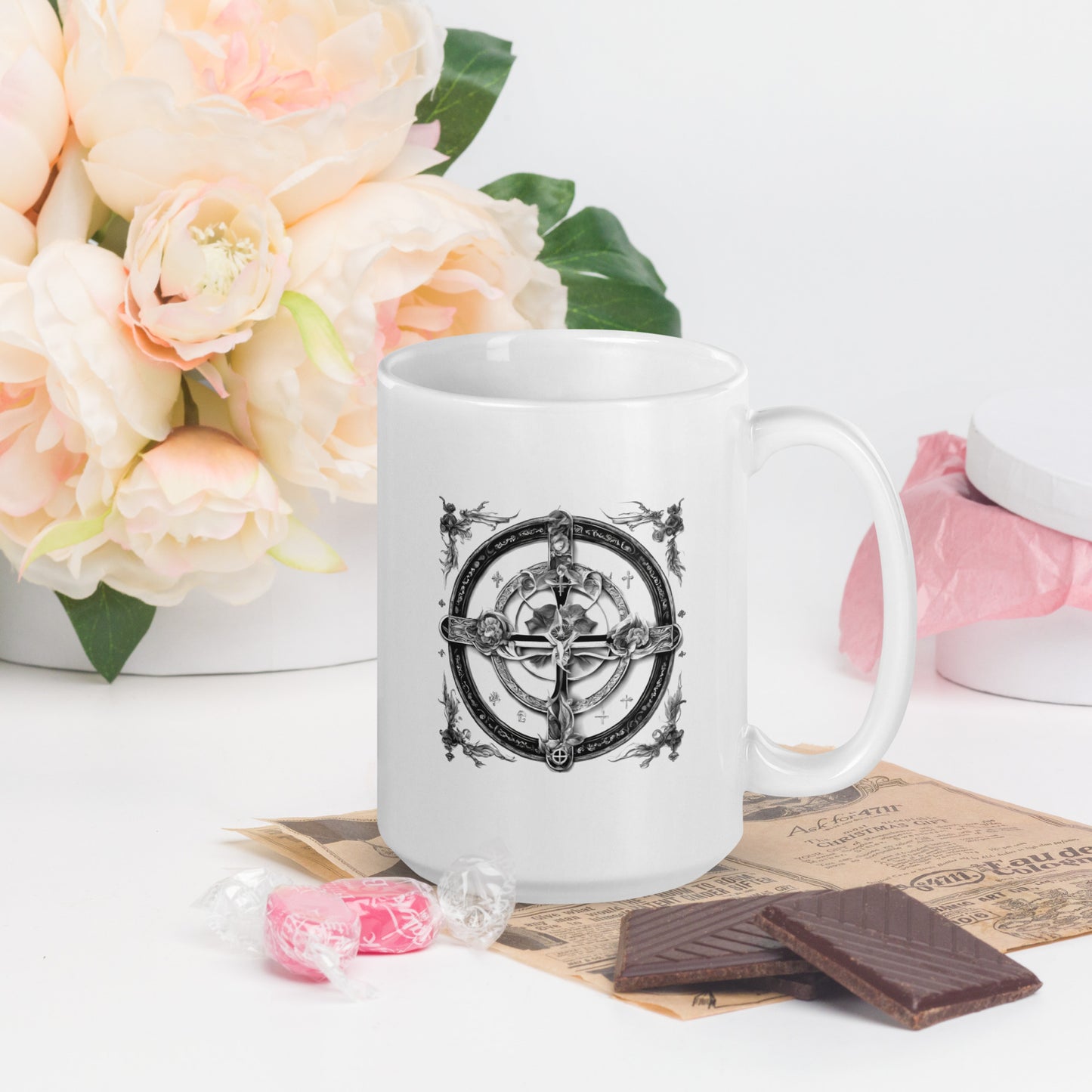 Tasse weiß glänzend Kreuz & Rosen