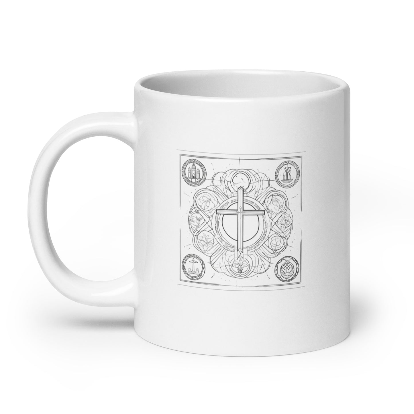 Tasse weiß glänzend Kreuz & Kirche mit Rahmen